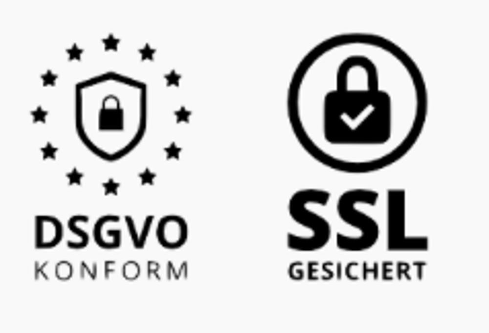 Symbole für DSGVO-konform mit EU-Sternen und Schild sowie SSL-gesichert mit Schloss-Icon in Schwarz-Weiß.
