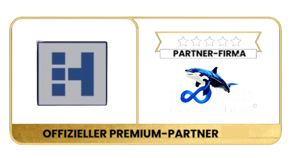 Goldenes Abzeichen: Links ein blaues H-Logo, rechts ein Hai-Logo mit Text "poolbau marketing.de", darüber 5 Sterne und "PARTNER-FIRMA", unten "OFFIZIELLER PREMIUM-PARTNER 2024".