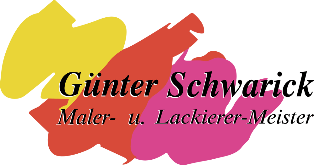 Günter Schwarick Maler- u. Lackierer-Meister mit gelbem, rotem und pinkfarbenem Pinselstrich.