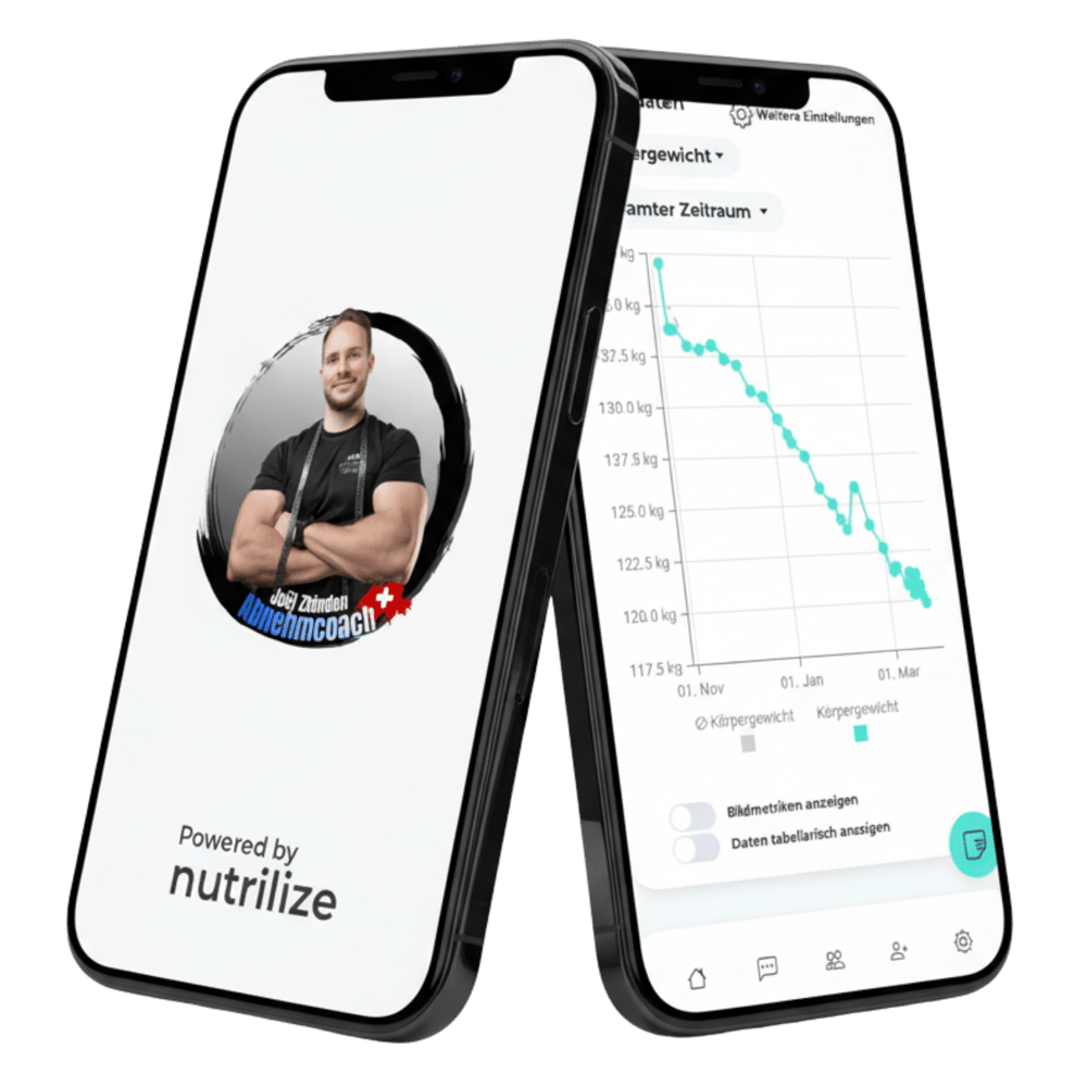 Coach Logo: Lachender Mann mit Bart, Joël Zbinden Abnehmcoach, in blauem Kreis mit Schweizer Flagge.