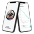 Zwei Smartphones zeigen eine Abnehmcoach-App mit Porträt und Gewichtsverlaufsgrafik.