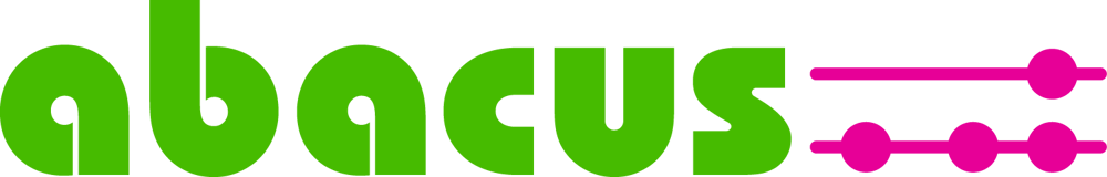 Grüner abacus Schriftzug neben einer pinken Abakus-Grafik auf schwarzem Hintergrund.