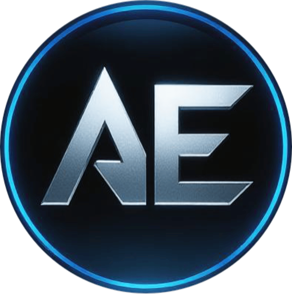 Ein schwarzes, rundes Logo mit den silbernen Großbuchstaben "AE" in der Mitte und einem blauen Leuchtrand.