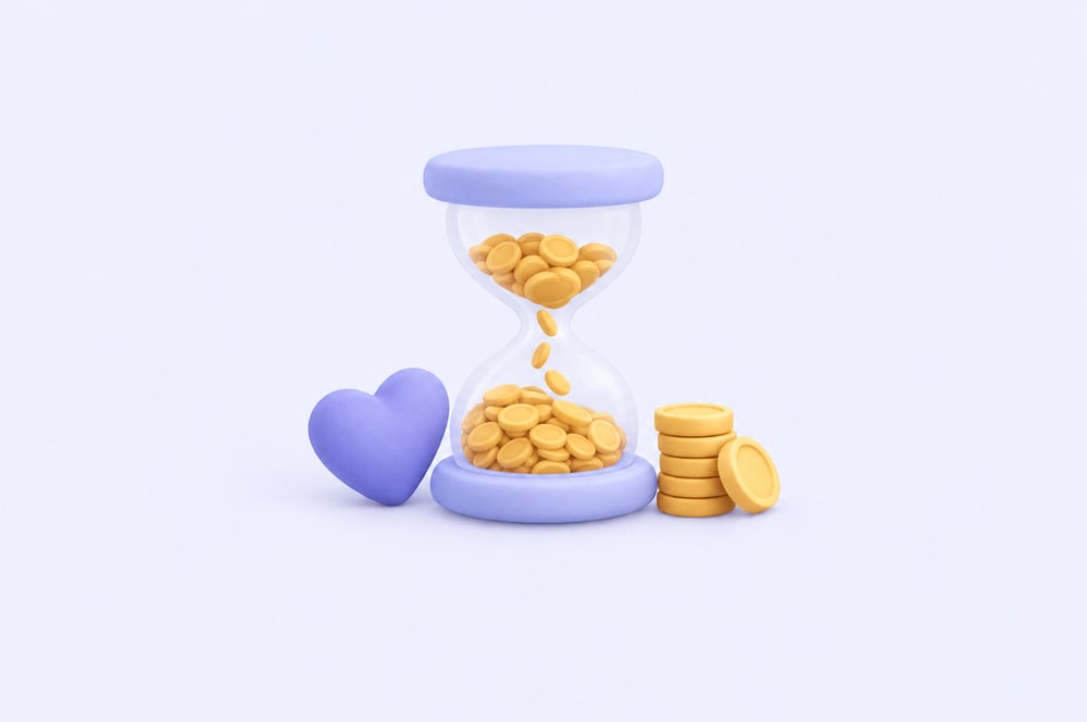 Illustration: Sanduhr mit Münzen statt Sand, Herz und Münzstapel