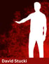 Weiße Silhouette eines Mannes mit ausgestrecktem Arm auf rotem Hintergrund, Text: David Stucki.