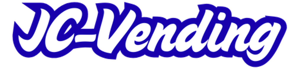 Weißer Text "JC-Vending" mit blauem Umriss.