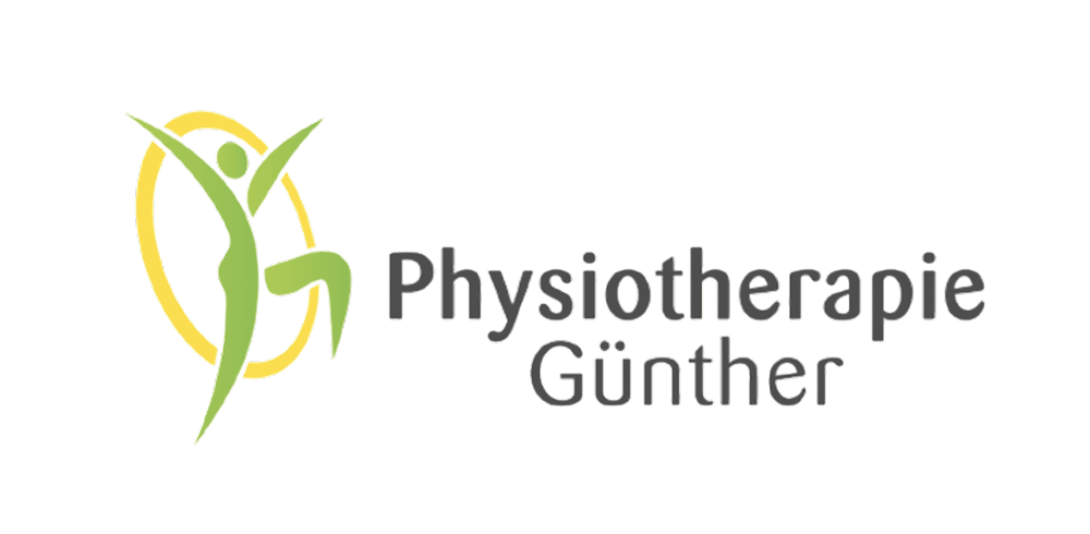 Logo von Physiotherapie Günther in Villingen Grüne Person in Bewegung in gelbem Kreis, Text "Physiotherapie Günther"