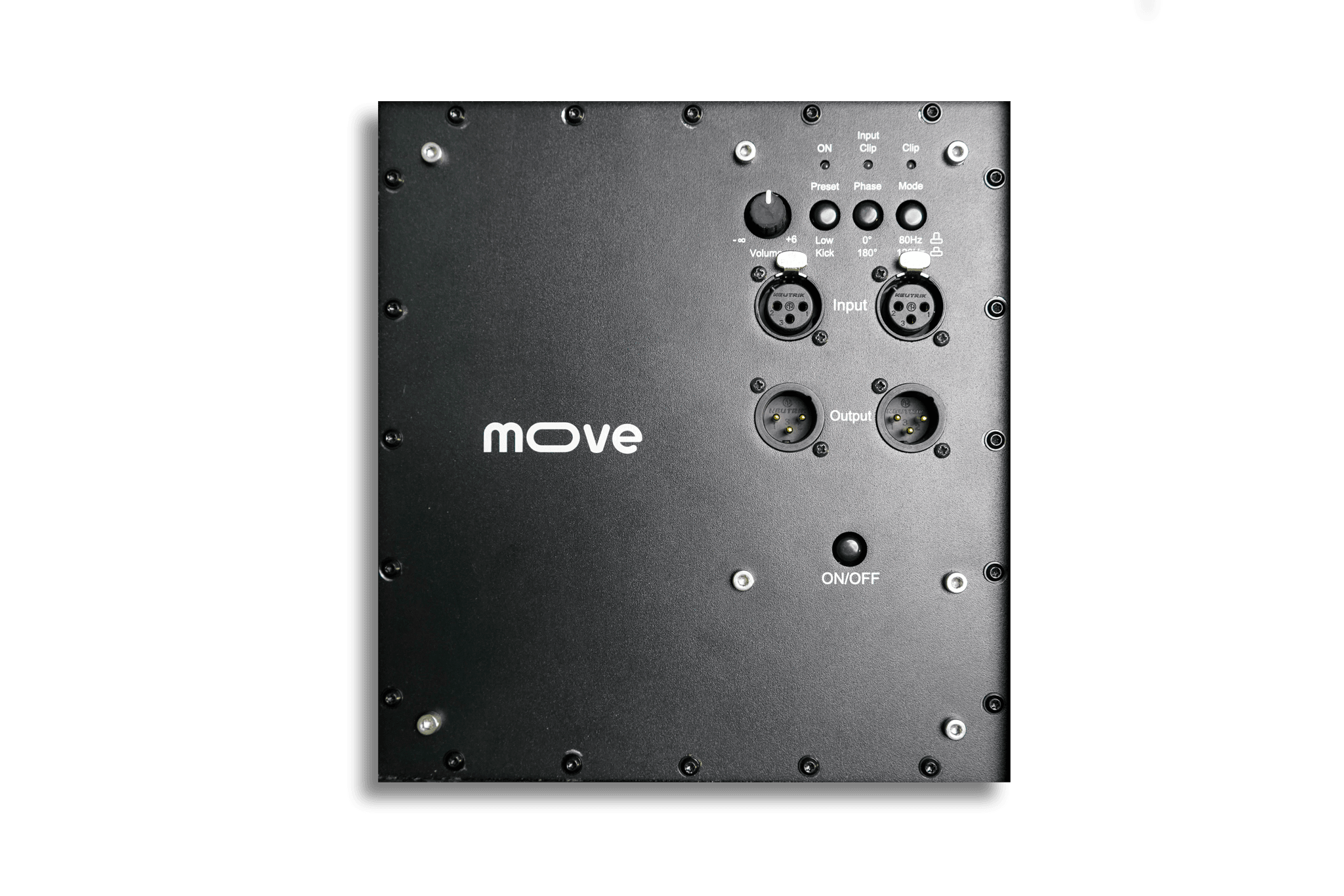 Connector panel of the Moove Sub 208 with four Neutrik sockets