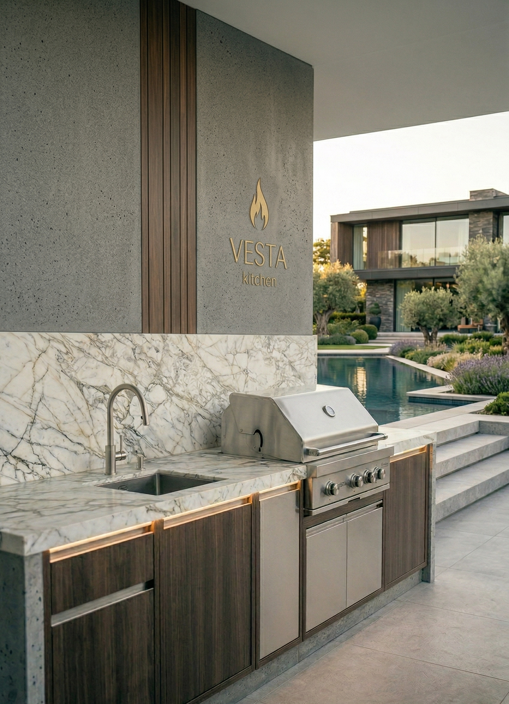 Außenküche "Der Kompakte" mit Marmorplatte, Spüle, Grill, Schränken und VESTA Kitchen Logo; Pool und Haus im Hintergrund.