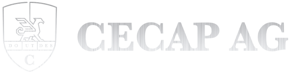 Graues CEPAP AG Logo mit Wappen, das einen Greif, "DO UT DES" und "C" auf dunkelgrünem Hintergrund zeigt.