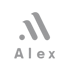 Graues Logo mit einem stilisierten „M“ und einem Punkt daneben über dem Wort „Alex“ auf dunklem Hintergrund.
