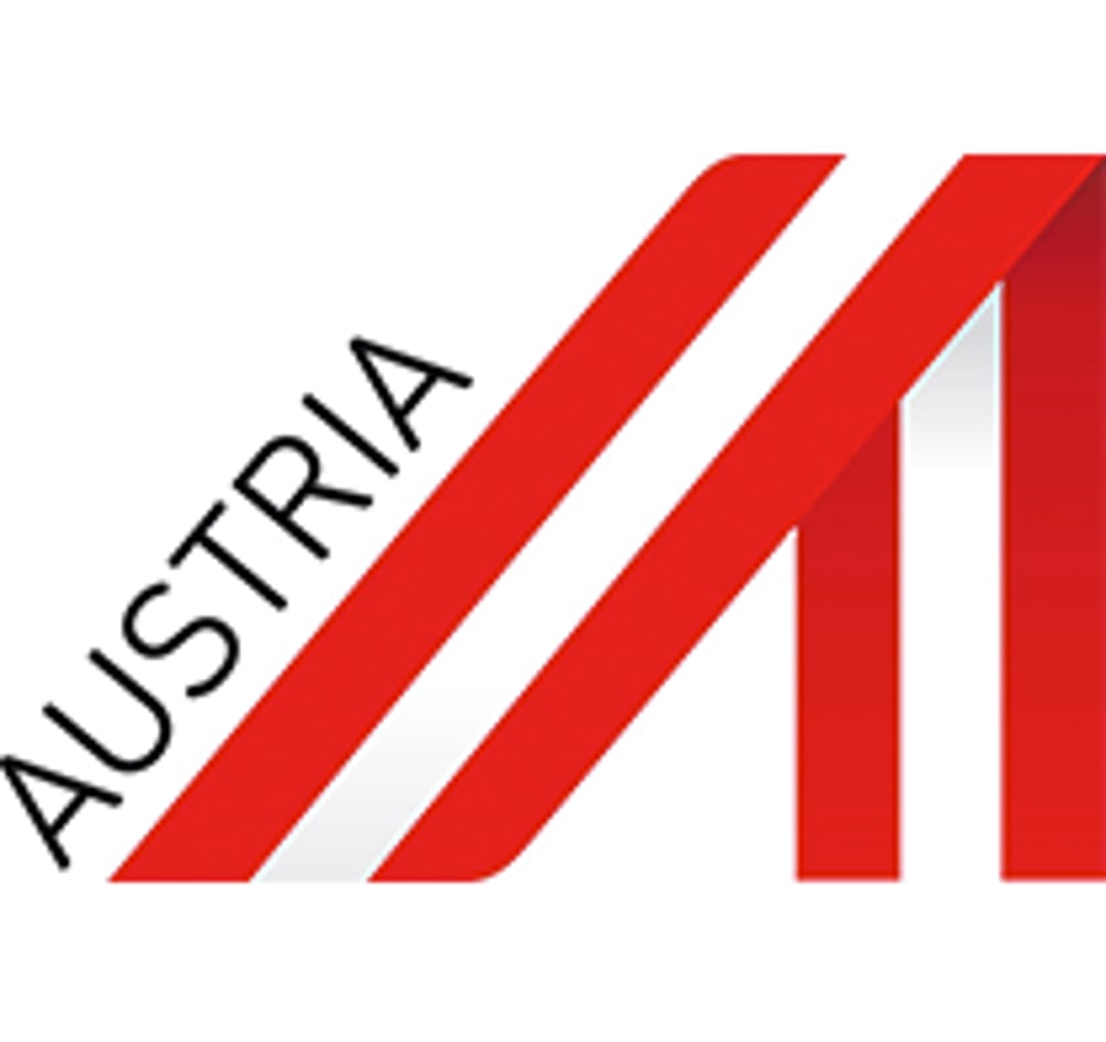 Rote und weiße Streifen bilden ein "A", daneben steht "AUSTRIA" schräg.