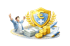 Mann mit erhobenen Daumen vor goldenem Schild mit Euro-Zeichen, Geldscheinen, Münzen und Dokumenten.