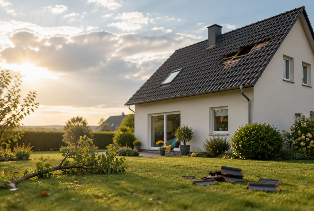 Einfamilienhaus nach einem Sturm, einige Dachziegel liegen zerbrochen im Vorgarten