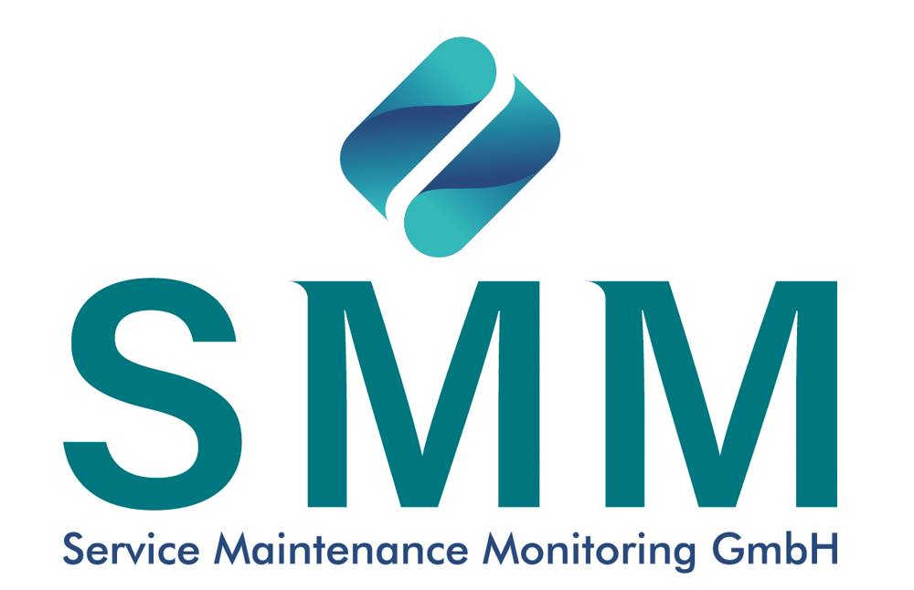 SMM Logo mit blauem, stilisiertem Quadrat und Text "Service Maintenance Monitoring GmbH".