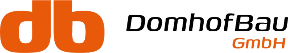 Logo der DomhofBau GmbH mit orangefarbenen „db“-Monogramm und schwarzem „DomhofBau“ Text.