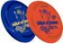Two frisbees, one blue and one red, with "ST. JOSEPH TERROR OF DEMONS" text and a saintly figure design.