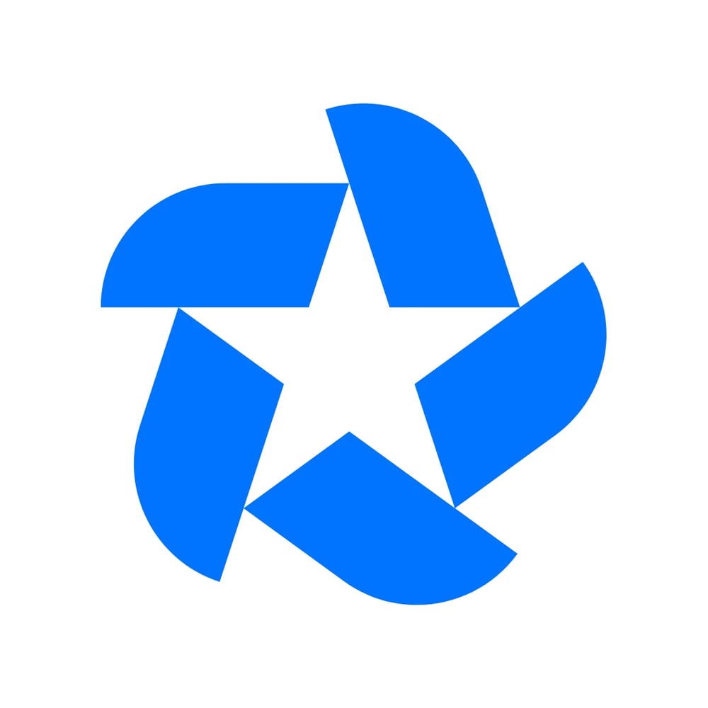 Logo bleu avec une étoile blanche au centre entourée de cinq formes incurvées.