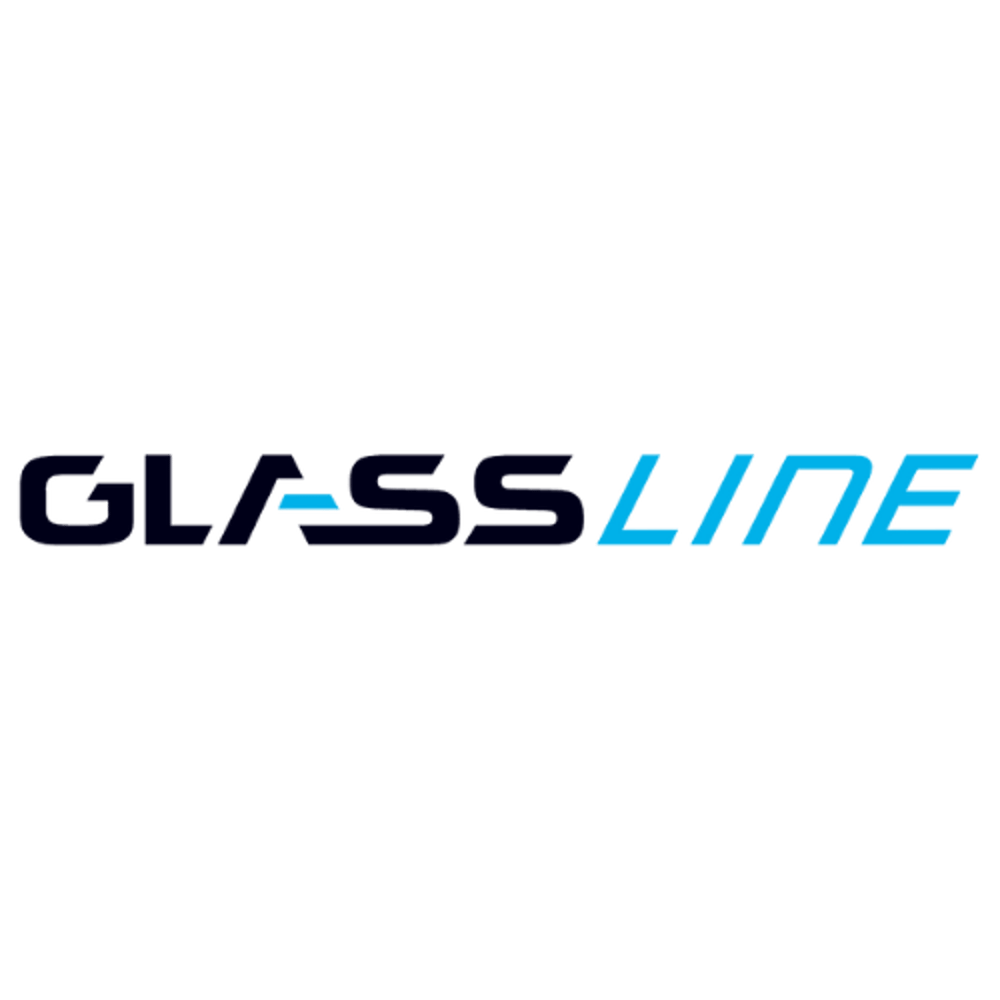 Logo: GLASSLINE in schwarzen und blauen Großbuchstaben.