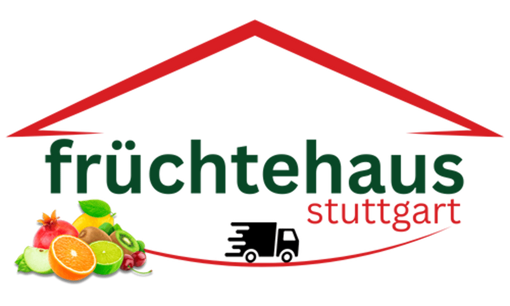 Logo: rotes Dach, darunter "früchtehaus" in Grün, "stuttgart" in Rot, LKW und Früchte wie Kiwi, Apfel, Orange.
