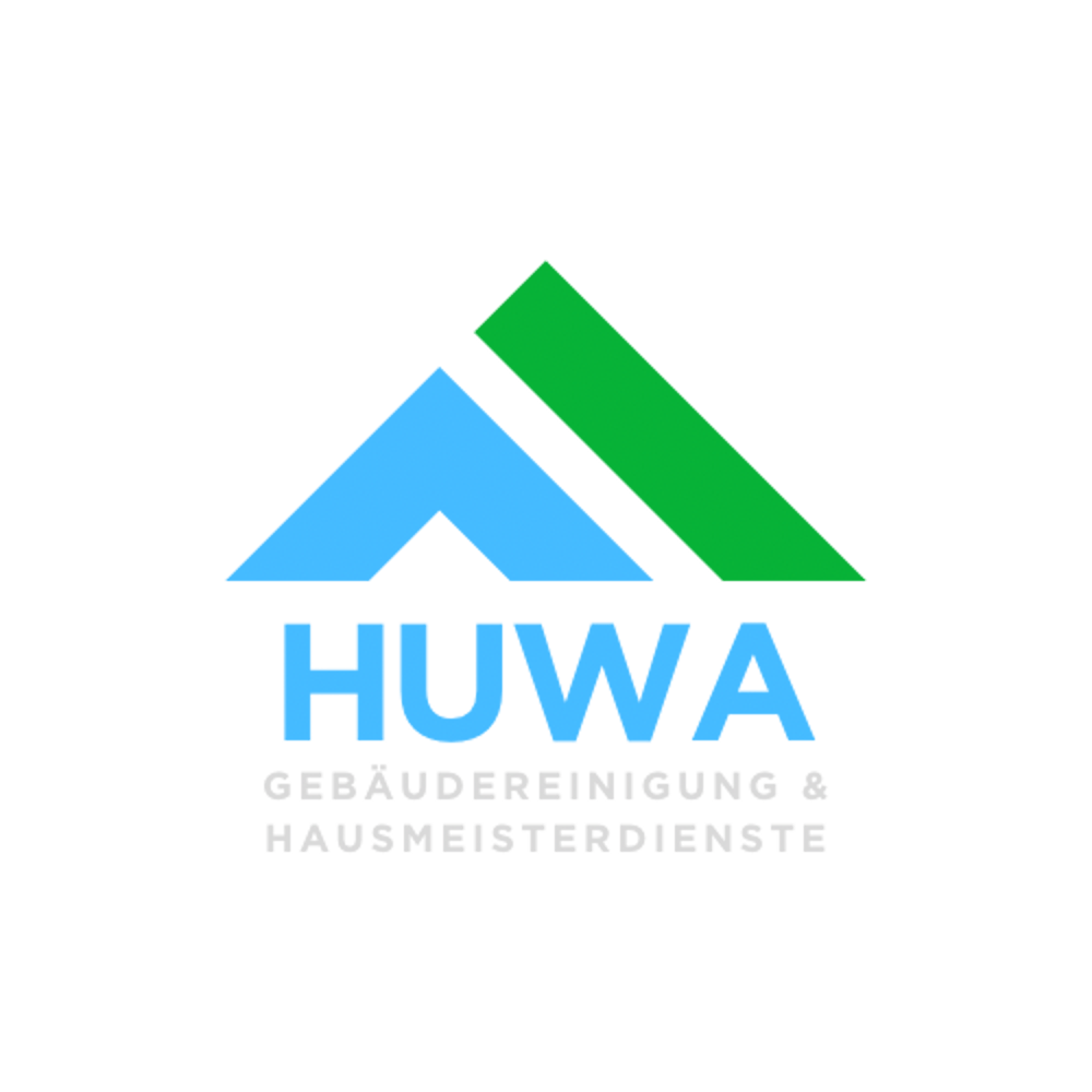 Ein blauer und grüner Kreis mit Blättern und Spritzern, dazwischen der Text "HUWA Gebäudedienste".