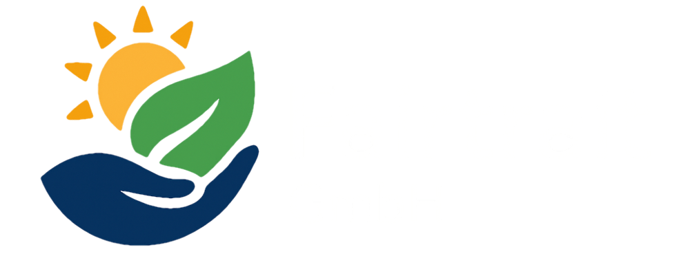Blaue Hände halten eine grüne Pflanze und eine gelbe Sonne; darunter "FAIRTRAIT GmbH".
