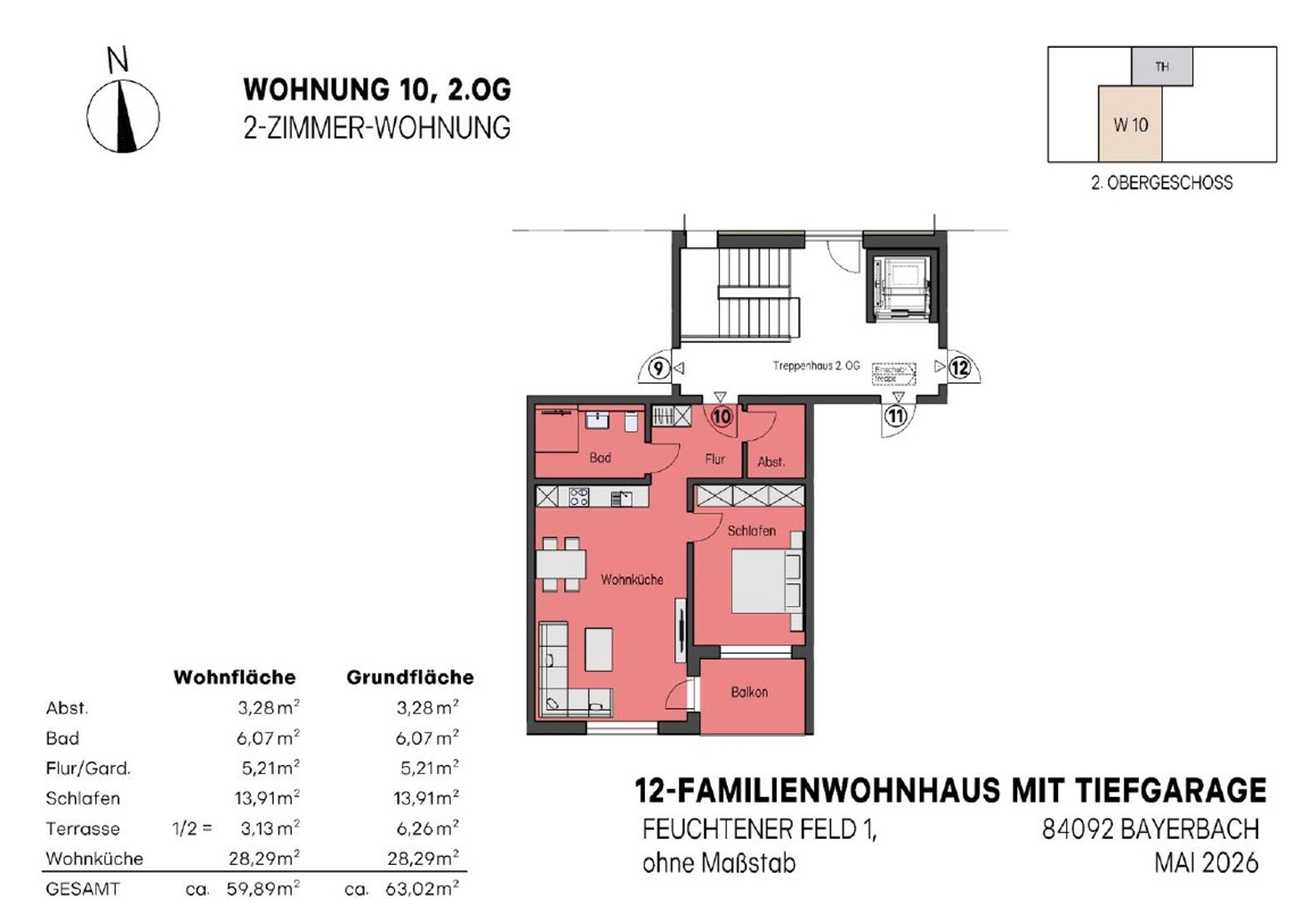 Grundriss Wohnung Nr. 10, 2-Zimmer-Wohnung im 2. Obergeschoss