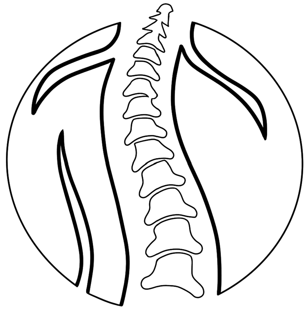 Schwarze Konturlinien bilden eine stilisierte Wirbelsäule in einem Kreis, der einen menschlichen Oberkörper andeutet.