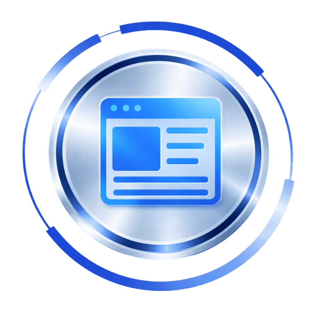 Blaues Browserfenster-Symbol auf einem glänzenden, metallischen Kreis mit blauem Rand.