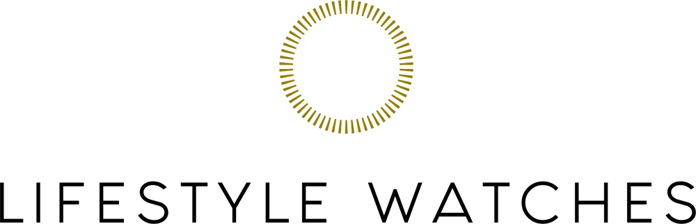 Logo mit goldener, gepunkteter Kreisgrafik und dem Text "LIFESTYLE WATCHES" in Schwarz auf grünem Hintergrund.