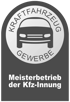 Logo mit Auto, umgeben von "KRAFTFAHRZEUG GEWERBE" und Text "Meisterbetrieb der Kfz-Innung" darunter.