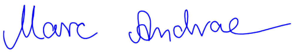 Blaue, handschriftliche Unterschrift von "Marc Andreae" auf dunkelgrünem Hintergrund.