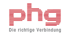 Rotes phg Logo aus horizontalen Linien auf schwarzem Grund mit dem Slogan Die richtige Verbindung.