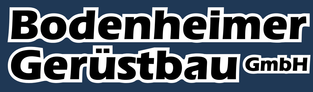 Bodenheimer Gerüstbau GmbH Logo: Schwarzer Text mit weißem Rand auf blauem Hintergrund.