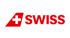 Rotes Swiss-Logo auf dunkelgrünem Hintergrund, mit einem weißen Kreuz auf rotem dreieckigen Schwanzflossen-Symbol.