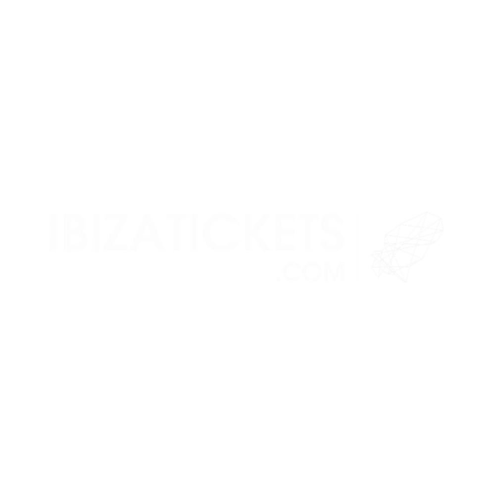 Logo "IBIZATICKETS.COM" in Weiß auf grünem Hintergrund, mit stilisiertem geometrischem Raketensymbol.