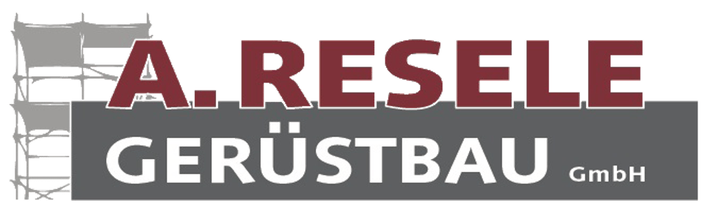 Logo mit stilisiertem Gerüst und Text "A. RESELE GERÜSTBAU GmbH" in Rot und Weiß.