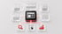 Zentrale schwarze Kachel mit Web-Icon, vernetzt durch rote Linien mit gläsernen Symbolen für SEO, Analyse und Layouts.