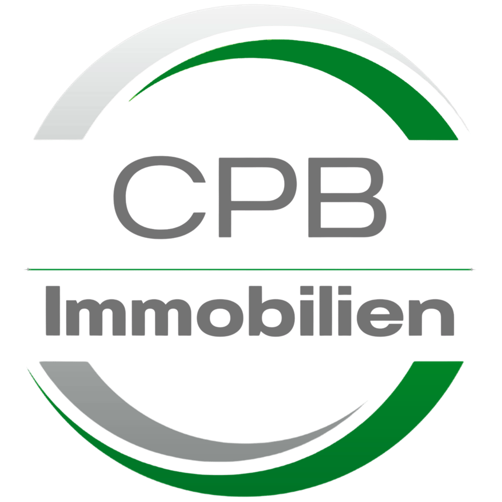 CPB Immobilien Logo: Graue Buchstaben "CPB" und "Immobilien" mit grünen und grauen Bögen.