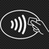 Weißes Umriss-Symbol einer Hand, die eine kontaktlose Kreditkarte über Funkwellen hält.