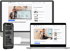 Laptop, Tablet und Smartphone zeigen Online-Schulungen und einen Chat mit "EH CONSULTING" Logo.