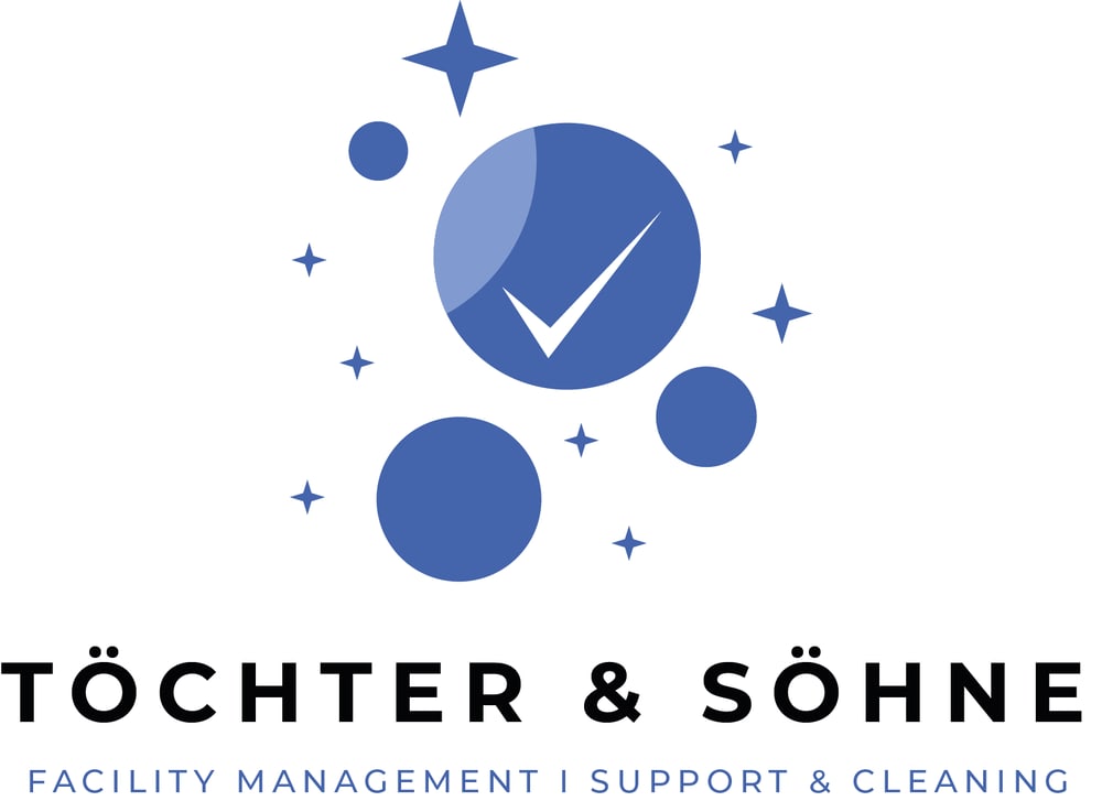 Logo "Töchter & Söhne": Blaue Blasen, Sterne, Häkchen; Text "Facility Management I Support & Cleaning".