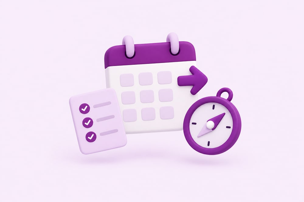 Illustration: Kalender mit Pfeil nach vorn, Checkliste und Kompass