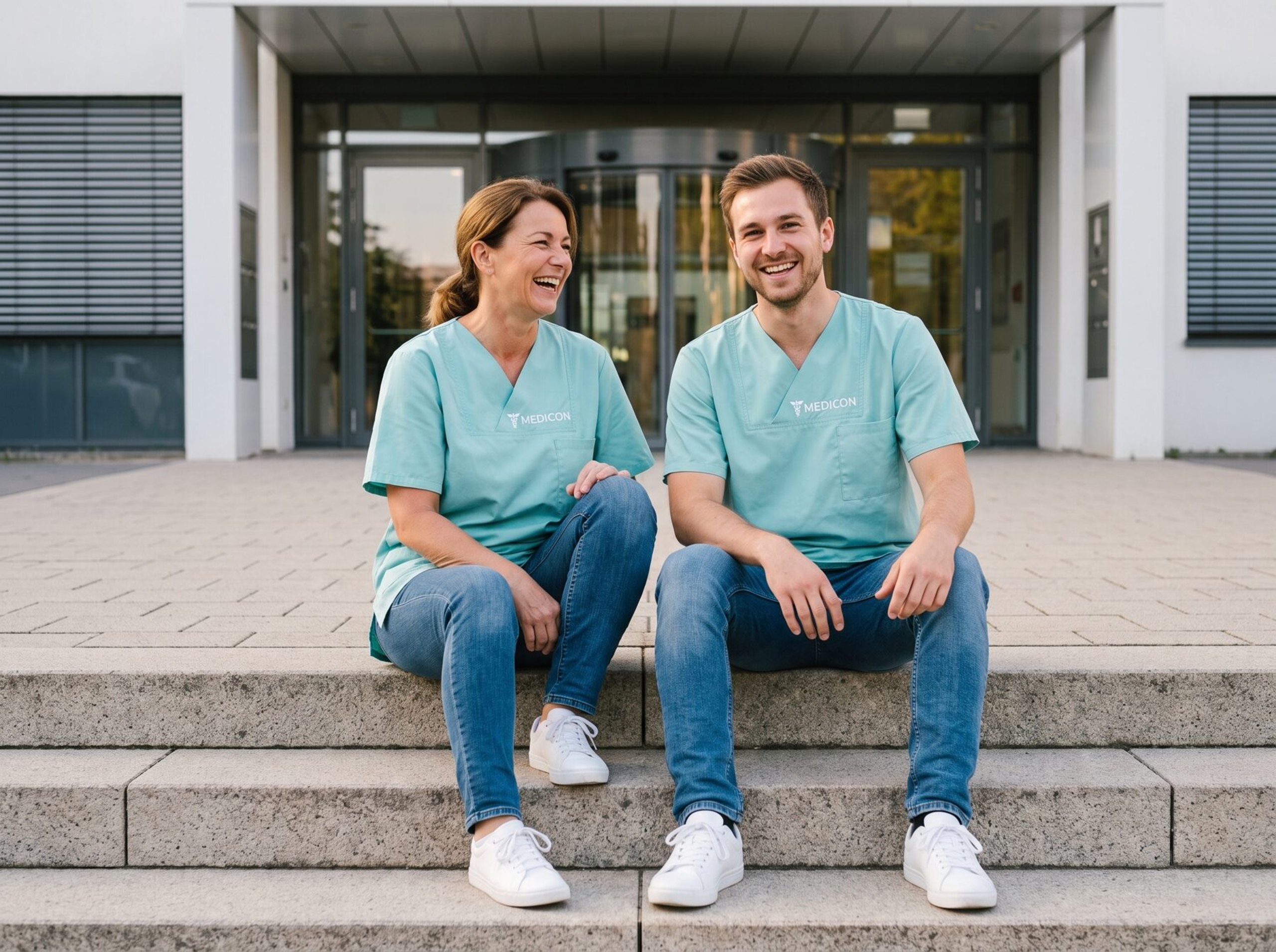 Zwei Medicon-Kollegen nach der Schicht auf der Kliniktreppe