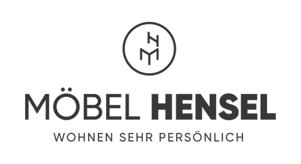 Möbel Hensel Logo auf dunklem Hintergrund mit dem Text "WOHNEN SEHR PERSÖNLICH".
