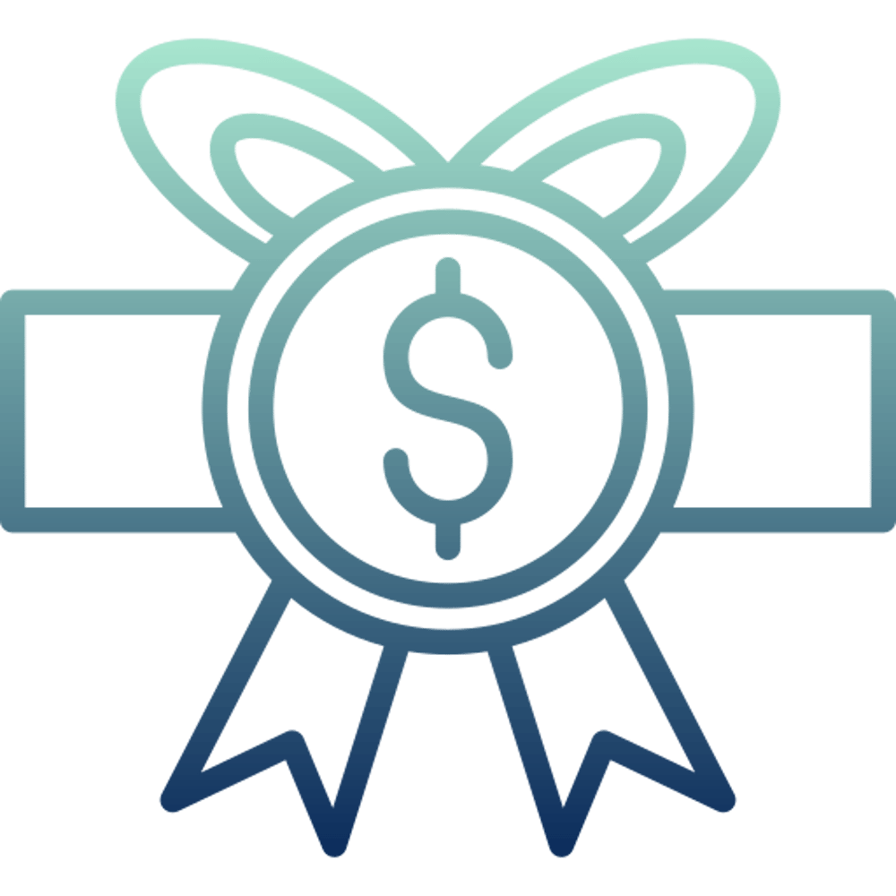 Blau-grüne Medaille mit Dollarzeichen und Band, symbolisiert einen Geldpreis oder Bonus.