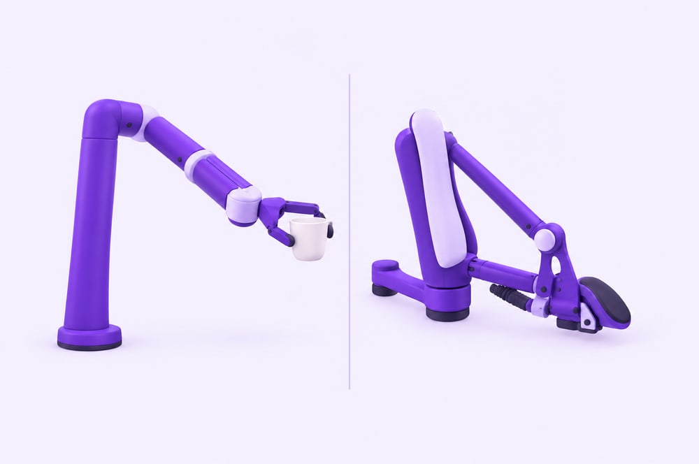 Illustration: Roboterarm mit Becher neben einer Armunterstützung