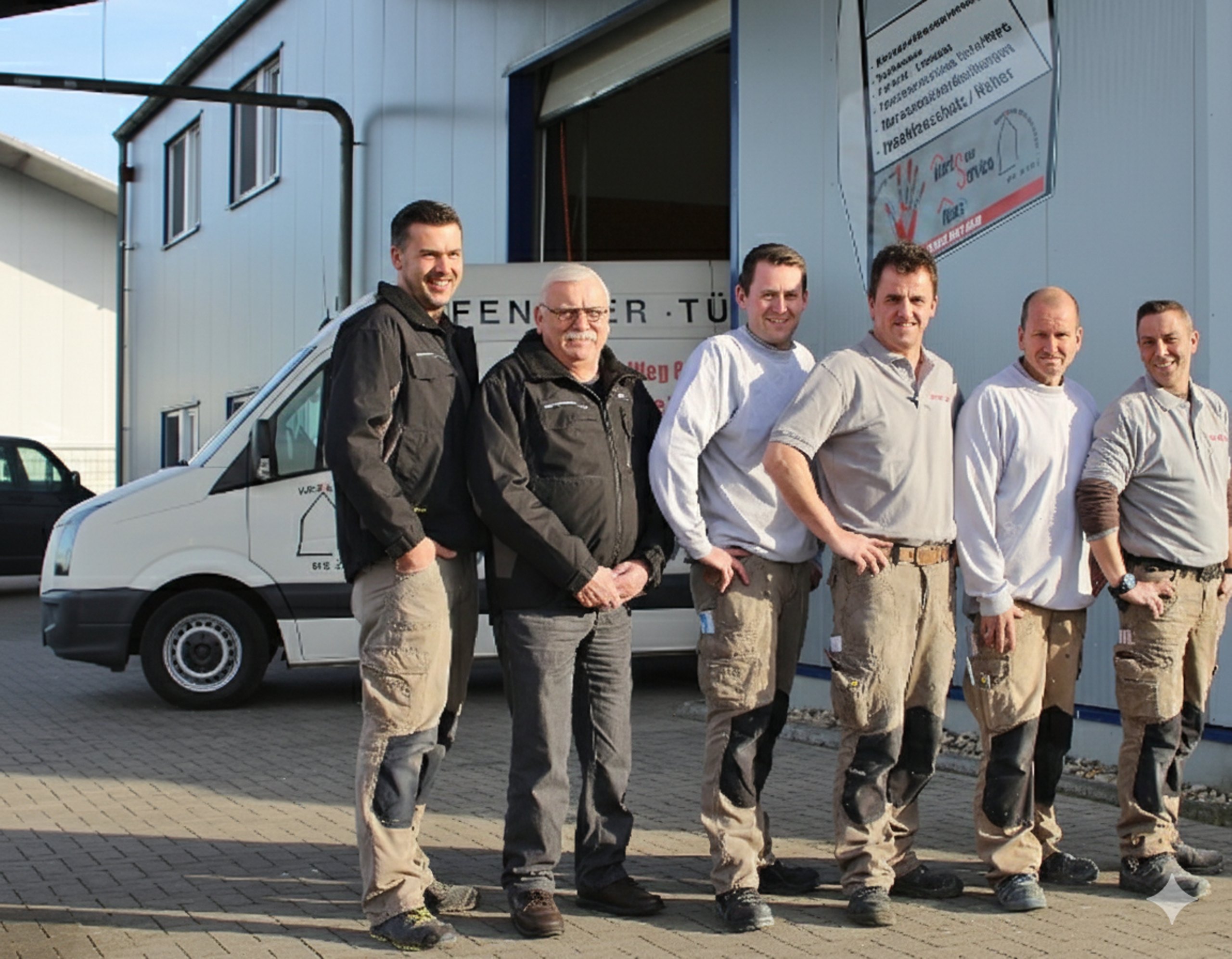 Ein Handwerksteam steht lächelnd vor einem Firmentransporter.