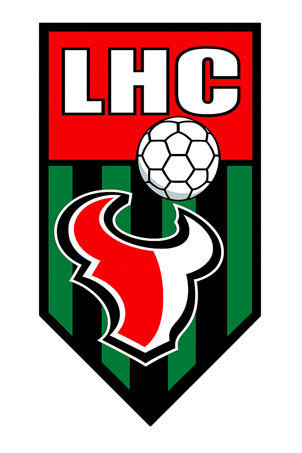 Wappen mit rotem Banner, Aufschrift "LHC", Fußball, Stierkopf und grünen Streifen.