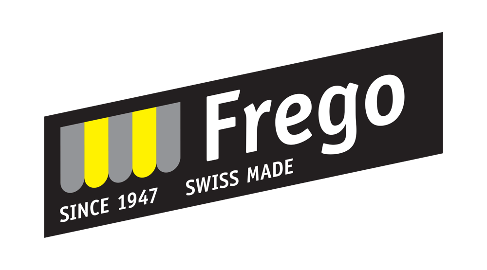 Logo "Frego SWISS MADE SINCE 1947" mit gelb-grauen Streifen.